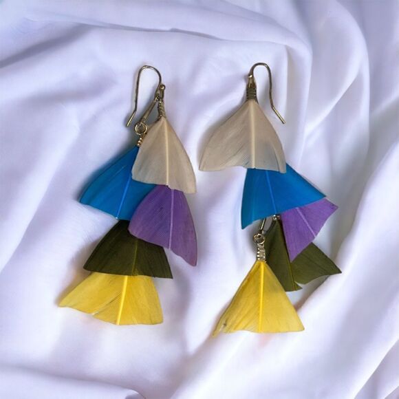 Multicolor Bohemian Handmade 3” dangle feather earrings-New! - Picture 1 of 5